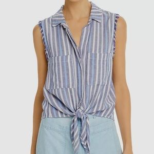 BELLA DAHL LINEN BLUE WHITE SLEEVELESS STRIPED TANK TOP BLOUSE SHIRT TIE FRONT